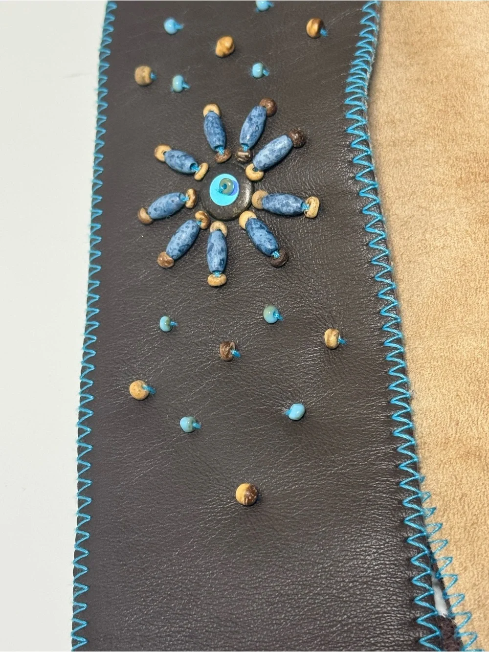 J. Jill Brown Leather Waist Belt with Turquoise Bead Embellishment